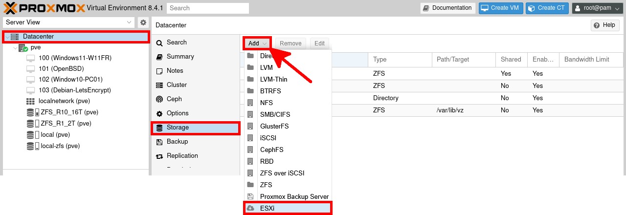 Interface Proxmox VE montrant comment ajouter un stockage ESXi via Datacenter > Storage > Add > ESXi.