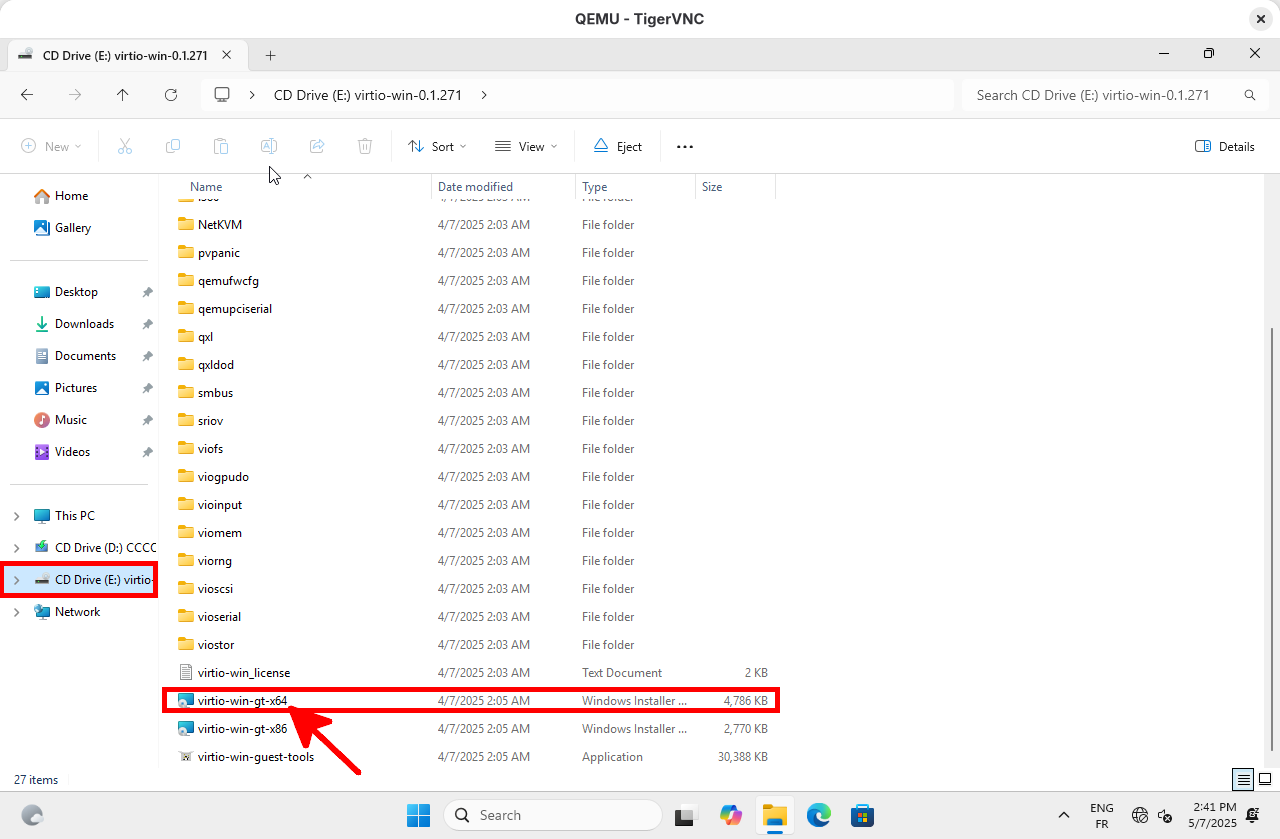 Explorateur de fichiers Windows affichant le contenu de l’ISO virtio-win avec l’installateur virtio-win-gt-x64 mis en évidence pour les pilotes VirtIO