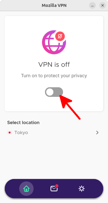 Application de bureau Mozilla VPN affichant le bouton d’activation et le serveur Tokyo sélectionné