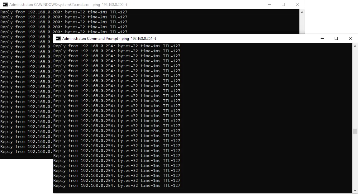 Deux fenêtres d’invite de commandes Windows affichant des réponses réussies au ping du serveur OpenVPN à l’adresse 192.168.0.200 et du routeur distant à l’adresse 192.168.0.254