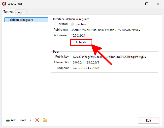 Application WireGuard sous Windows affichant le bouton 'Activer' pour lancer le tunnel VPN