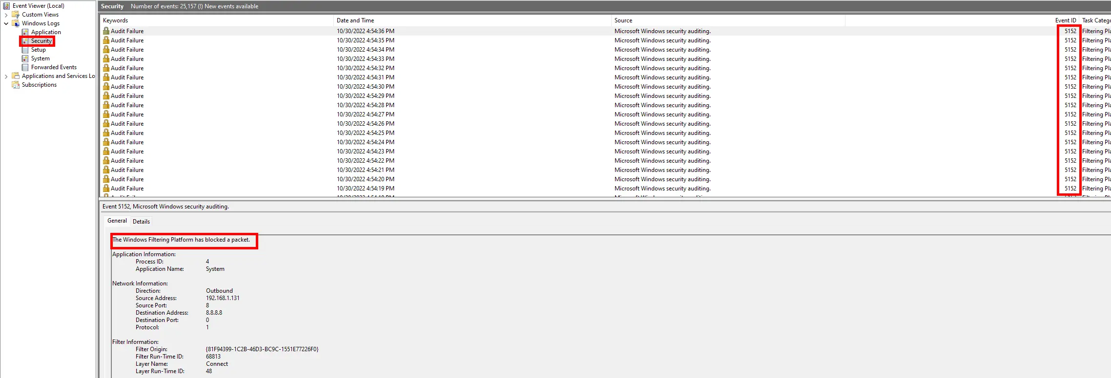 blocked traffic inside the Windows Event Viewer