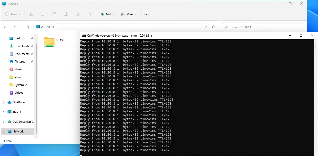 Windows fenetres dos avec un ping continu et un explorateur windows ouverts