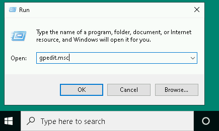 Windows Run dialog box with gpedit.msc typed in for opening Group Policy Editor