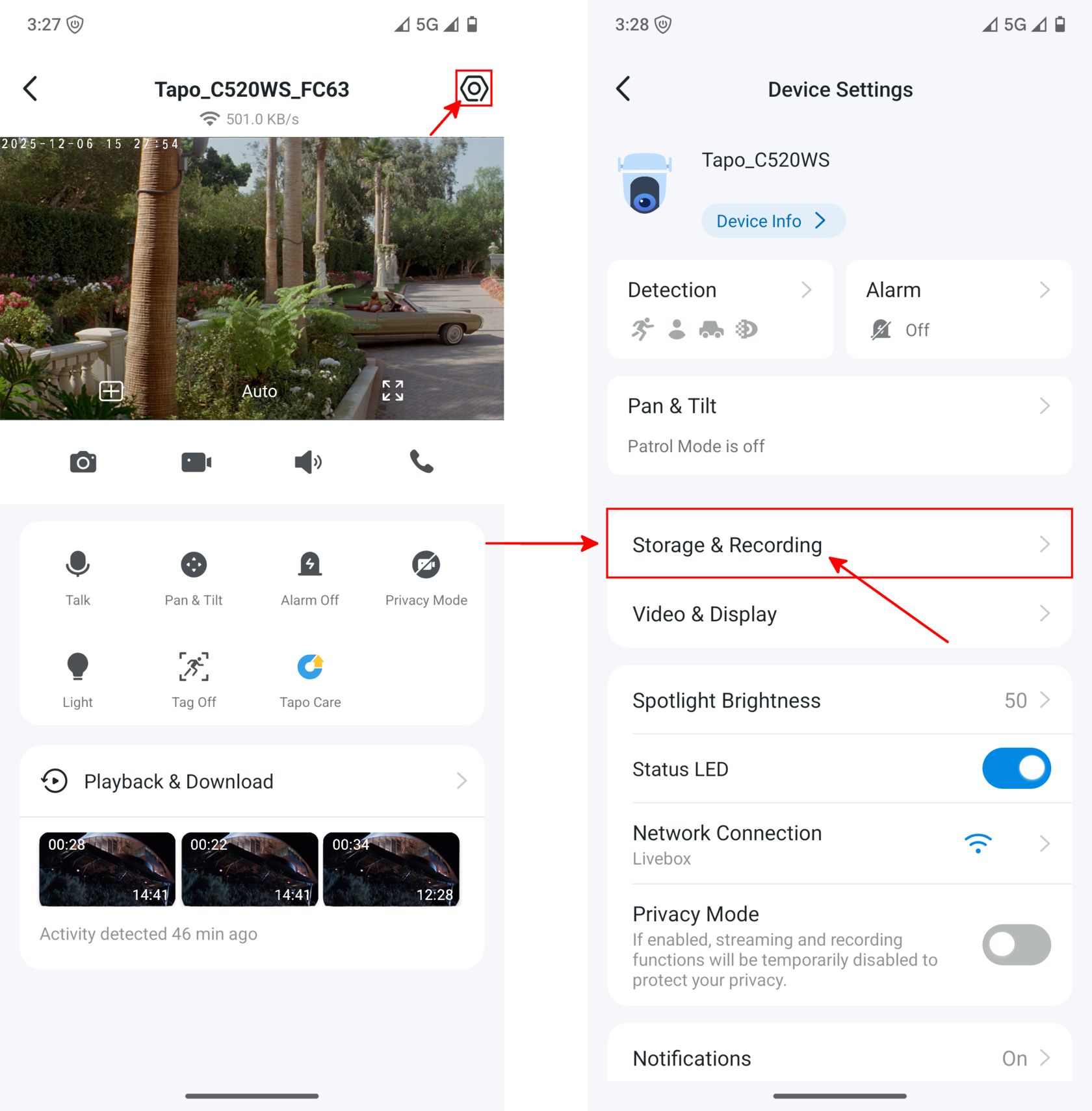 Tapo Android app showing the Storage & Recording settings menu