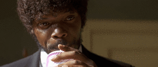 GIF of Samuel L. Jackson in Pulp Fiction drinking soda, optimized with palettegen and fuzz 5%