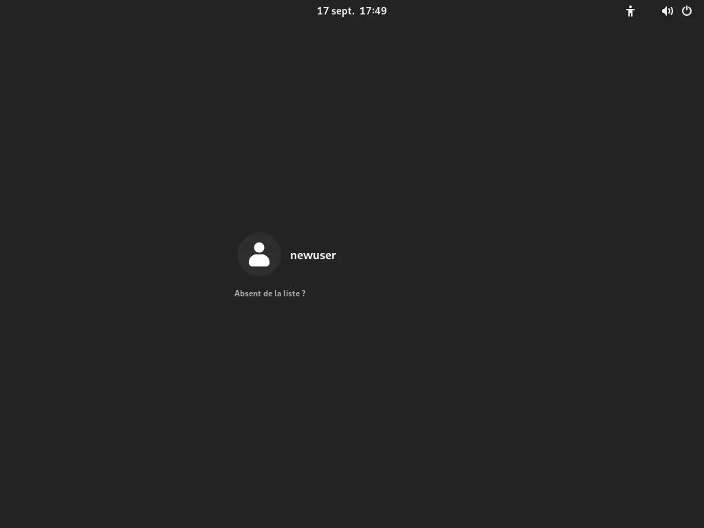GNOME Display Manager (GDM) login screen on ArchLinux, showing a user named 'newuser' with a dark theme.