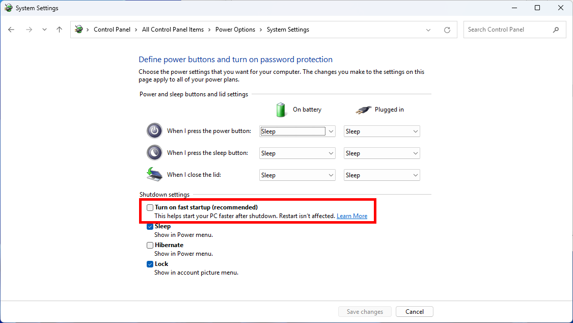 Windows power options settings with Fast Startup checkbox highlighted
