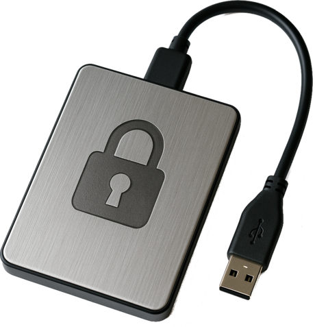 Illustration of a USB external drive with a padlock, symbolizing full-disk encryption on Linux