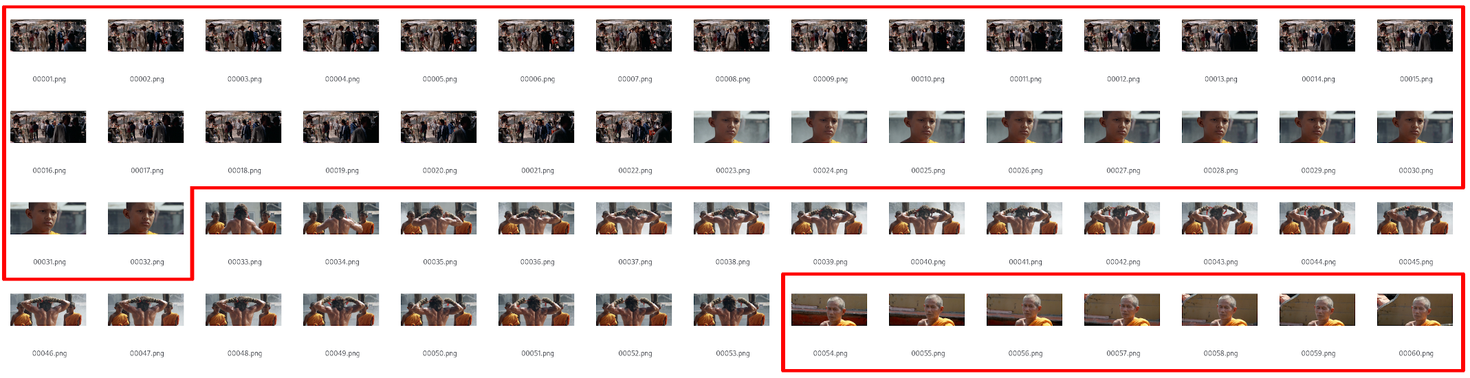 Screenshot showing extracted video frames from Rambo III, with unwanted frames manually marked in red for deletion before creating a GIF