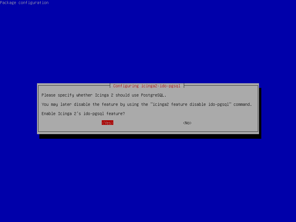 Debian package configuration screen prompting to enable the Icinga2 ido-pgsql feature (PostgreSQL backend).