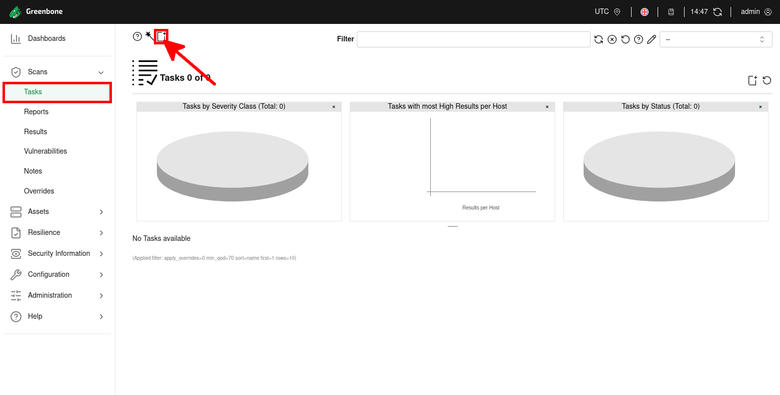 GVM web interface showing the Tasks menu and the New Task button highlighted with a red arrow.