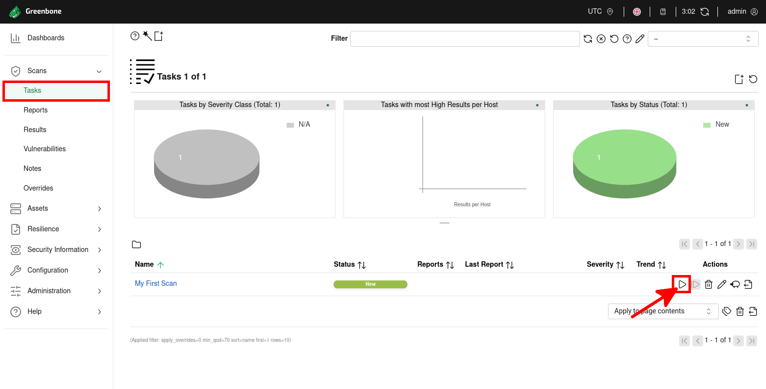 Screenshot of the Tasks page in Greenbone Vulnerability Manager on Kali Linux 2025 showing how to start a new vulnerability scan by clicking the Play button