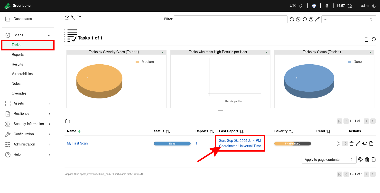 Screenshot of the Tasks page in Greenbone Vulnerability Manager on Kali Linux 2025 showing the Last Report link to access the scan results