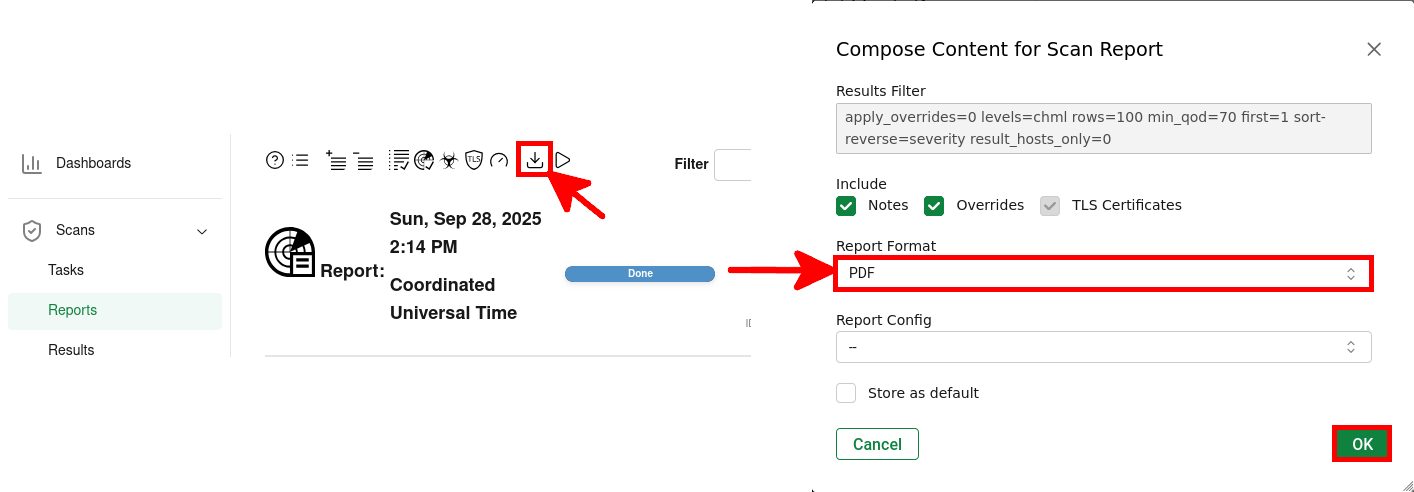 GVM web interface showing how to export a vulnerability scan report as a PDF document