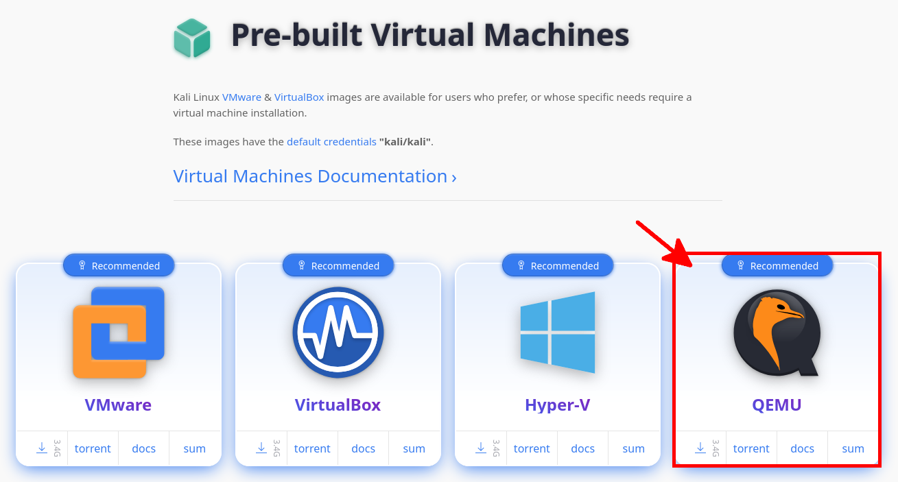 Kali Linux official download page showing QEMU pre-built virtual machine option