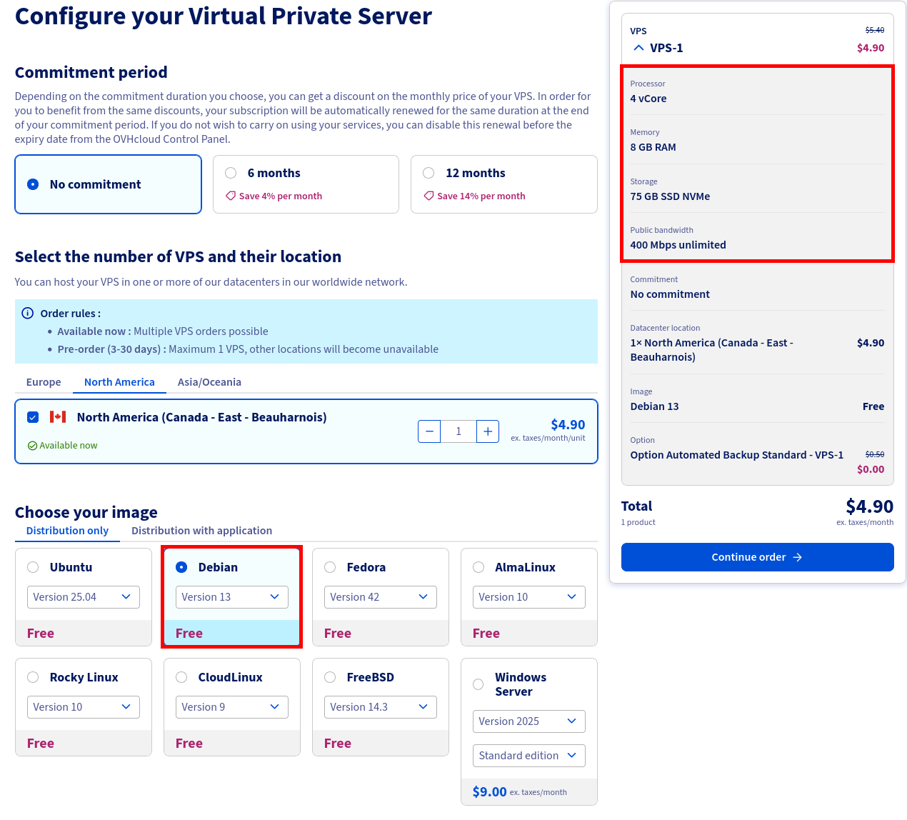 Screenshot of OVHcloud VPS configuration showing Debian 13 installation with 4 vCores, 8 GB RAM, 75 GB SSD and 400 Mbps bandwidth, suitable for hosting a Postfix and Dovecot mail server.