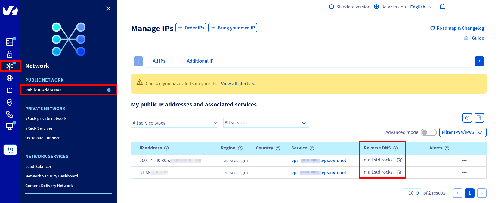 Screenshot of the OVHcloud interface showing how to configure reverse DNS for a VPS IP address, linking it to the hostname mail.std.rocks.