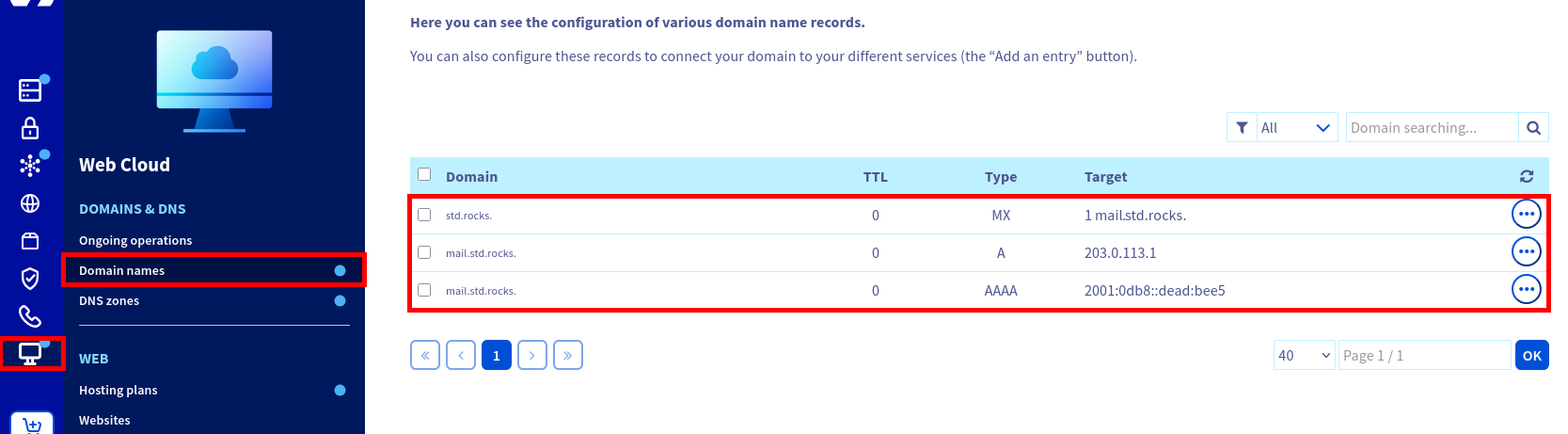 Screenshot of the OVHcloud DNS dashboard showing MX, A, and AAAA records for the std.rocks domain, linking to the mail server mail.std.rocks.