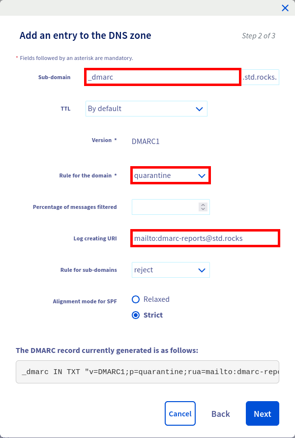 Screenshot showing how to create a DMARC DNS entry on OVHcloud, including parameters for quarantine policy, report addresses, and alignment modes.