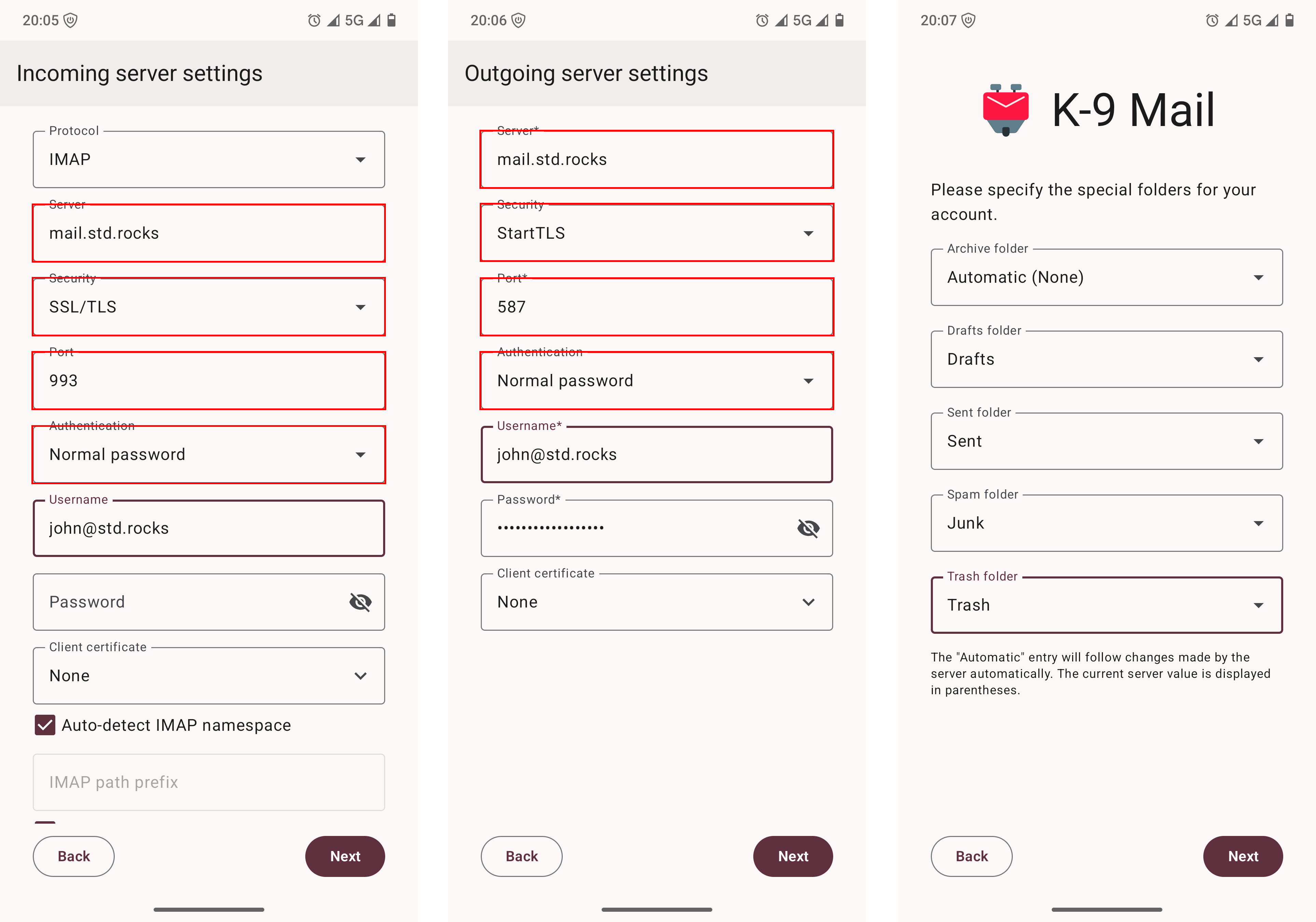 Screenshots of the K-9 Mail Android app showing IMAP configuration with mail.std.rocks on port 993 using SSL/TLS, SMTP on port 587 using STARTTLS, and special folder mapping for Sent, Drafts, Junk, and Trash.