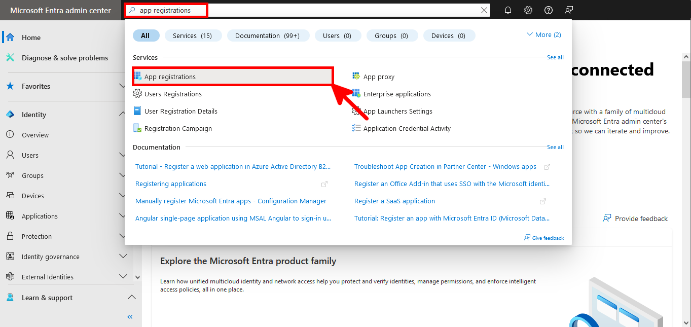 Screenshot of Microsoft Entra admin center showing a search for app registrations and the corresponding result highlighted