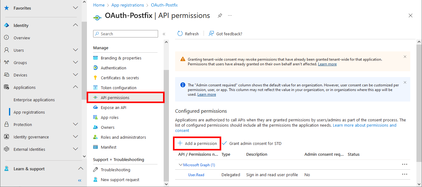 Screenshot of Microsoft Entra showing the API permissions section with Add a permission button highlighted for the OAuth-Postfix application