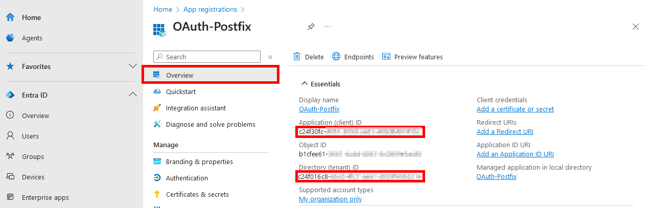 Screenshot of the Microsoft Entra application overview tab showing the client ID and tenant ID for the OAuth-Postfix app