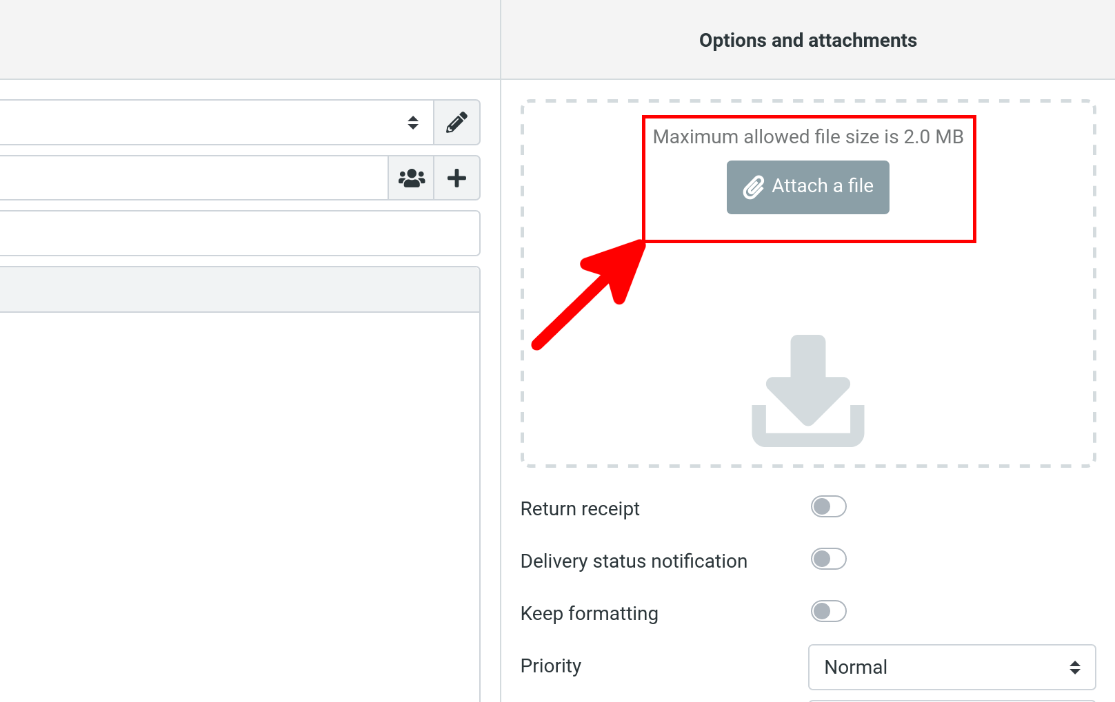 Roundcube showing the default maximum allowed file size of 2.0 MB when composing a new message