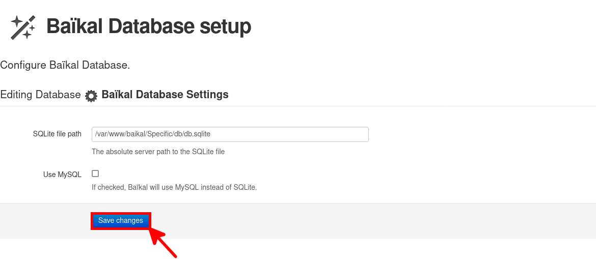 The Baïkal database setup web page
