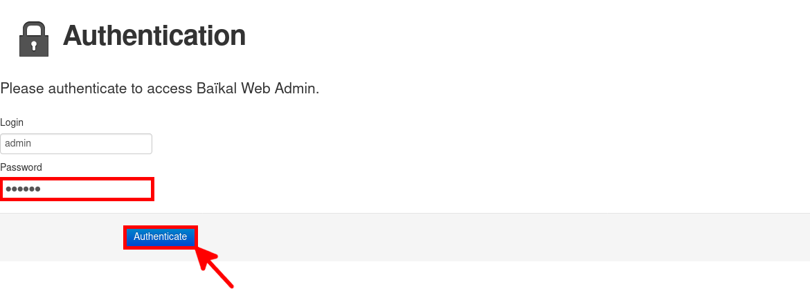 Baïkal web administration authentication screen showing the login and password fields with the Authenticate button