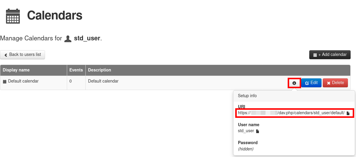 Baïkal calendar management screen showing the default calendar and the CalDAV URI information for a user