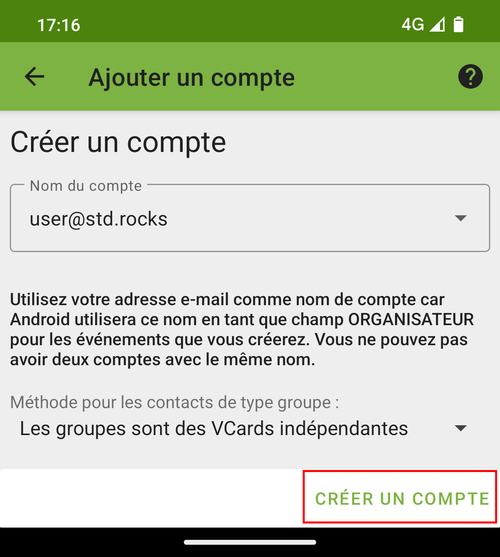 DAVx5 account creation screen on Android showing the create account button to finish adding a CalDAV account