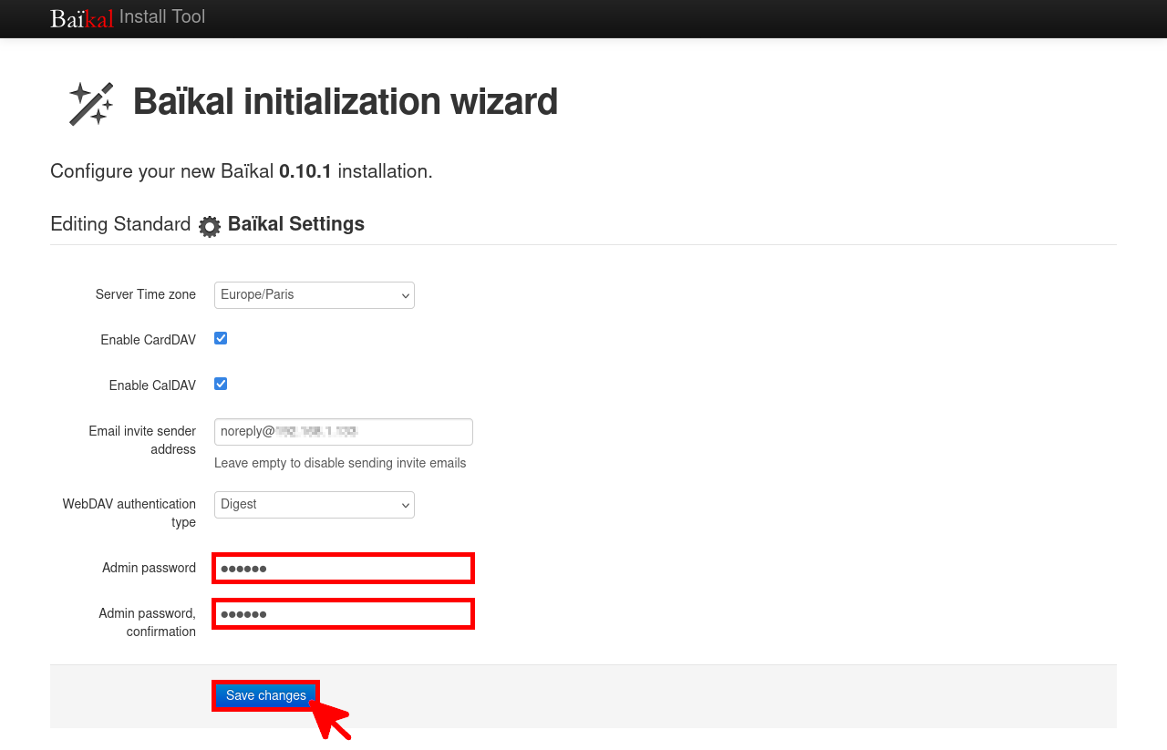 Baïkal installation wizard showing standard settings with admin password fields and Save changes button