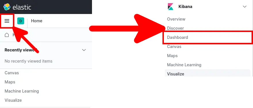 Kibana menu navigation from main menu to Dashboard section