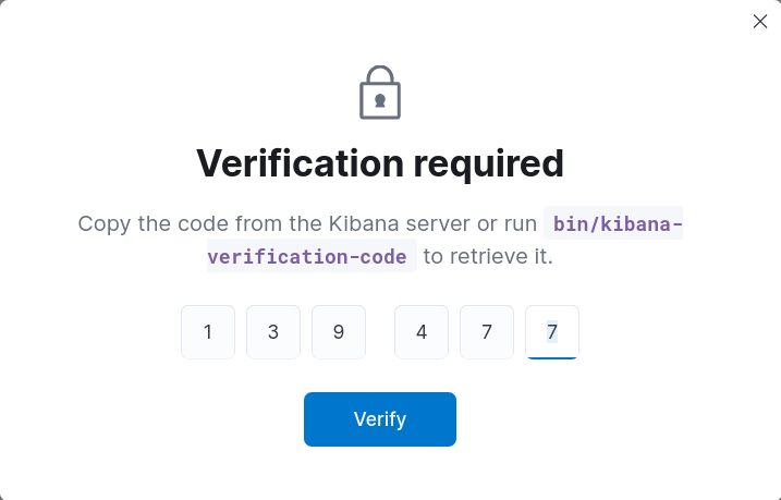 Elastic 9 Kibana verification screen requesting the server code for authentication.