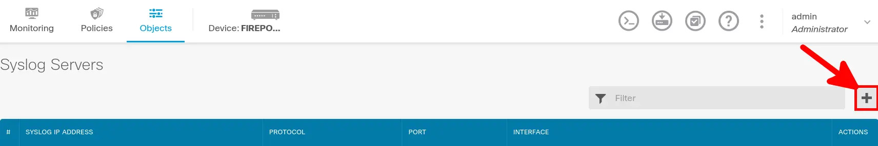 Cisco Firepower interface showing the plus button to add a new Syslog server