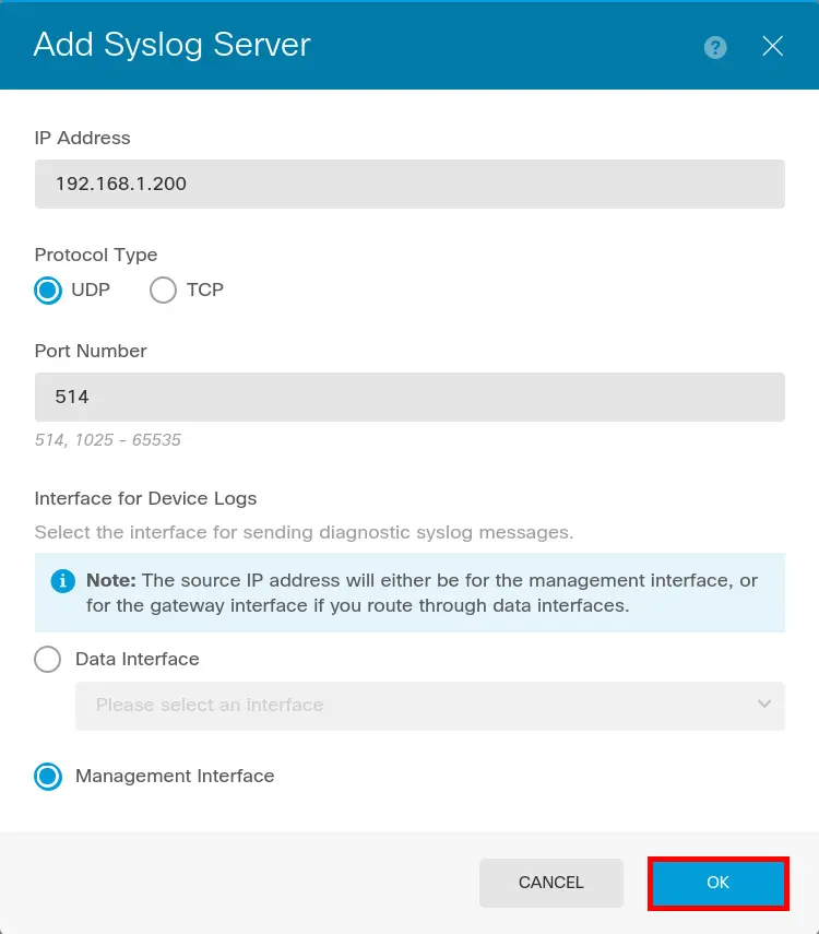 Cisco Firepower dialog to configure a Syslog server with IP, protocol and interface selection