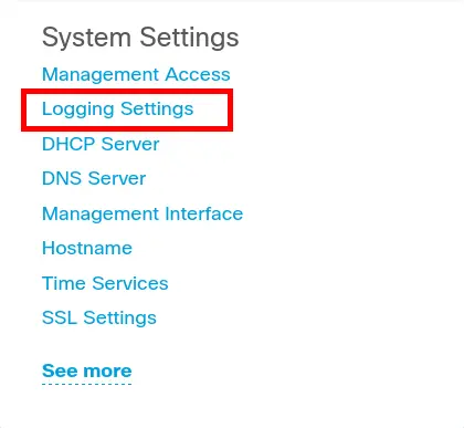 Cisco Firepower System Settings menu with Logging Settings option highlighted