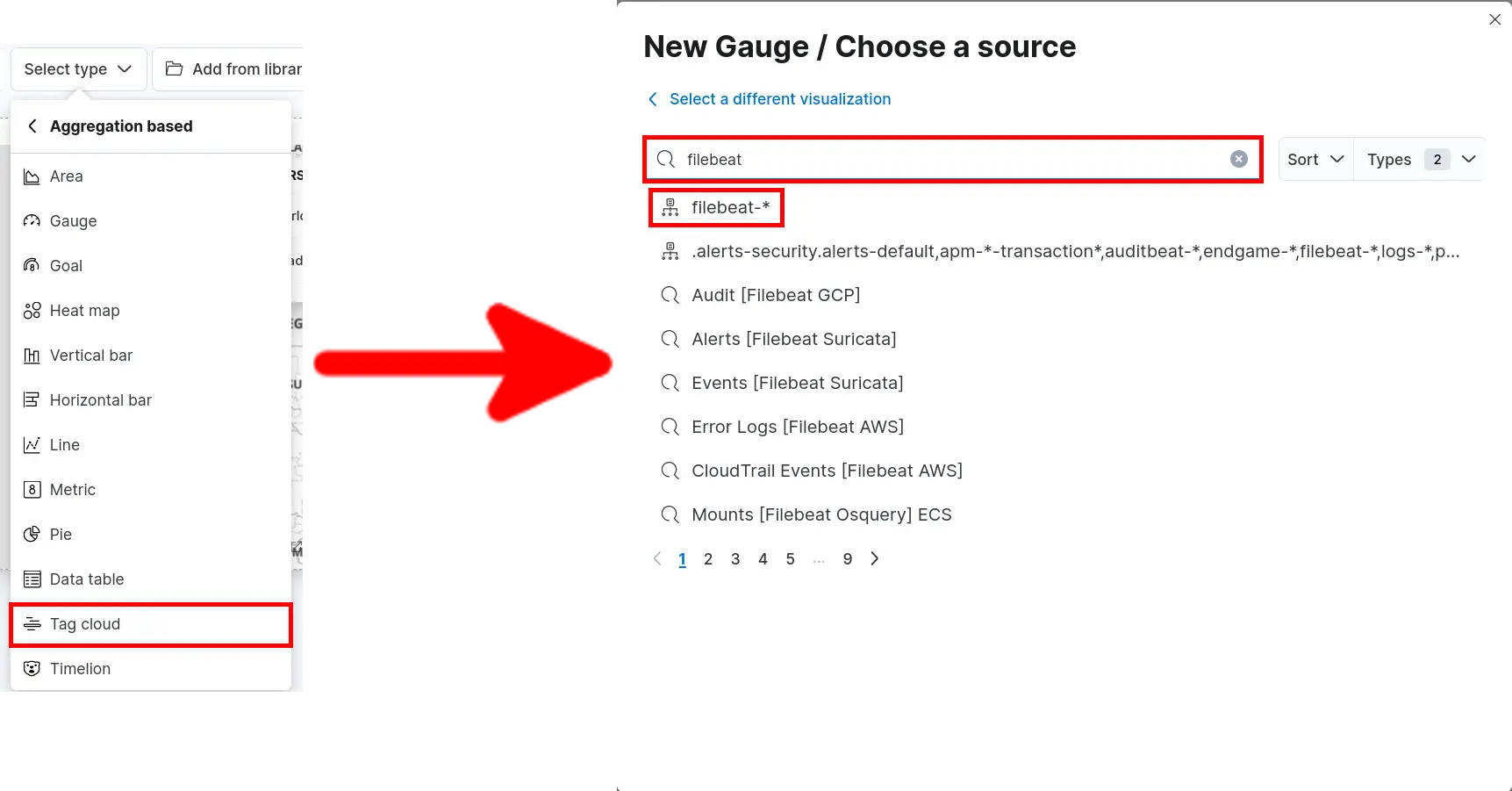 Kibana visualization menu with Tag Cloud option selected and filebeat index chosen as data source