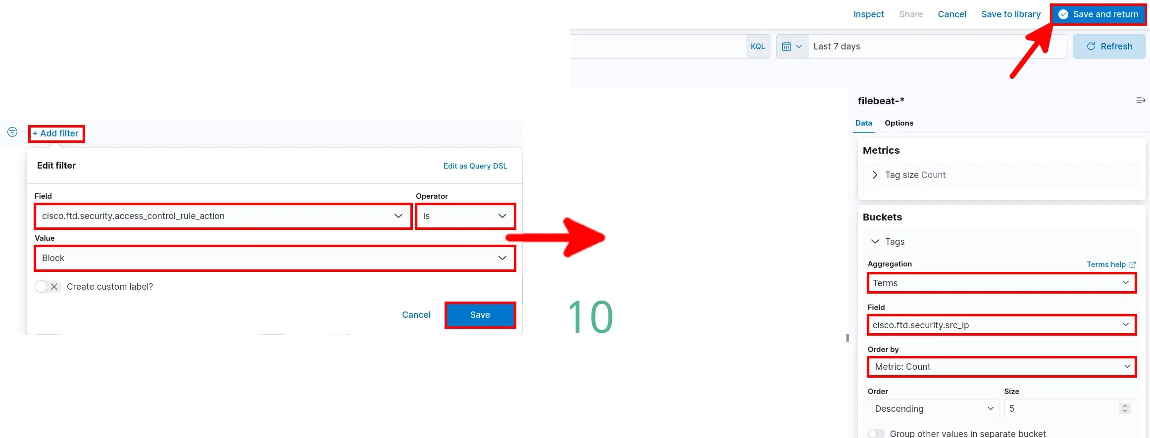 Kibana tag cloud visualization filtered to show blocked source IP addresses from Cisco Firepower logs