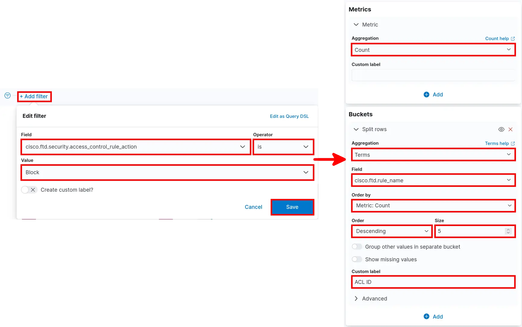 Kibana data table settings showing filter on blocked rules and configuration to display ACL rule names
