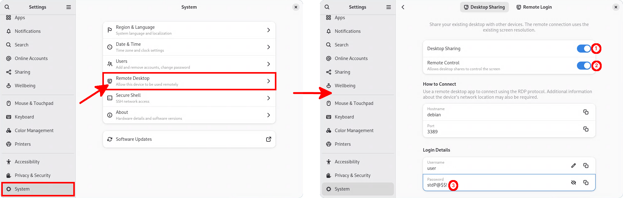 GNOME Remote Desktop settings on Debian 13 (Wayland)