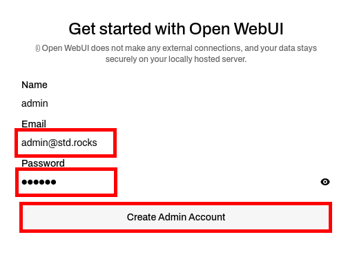 Open WebUI form for creating the administrator account