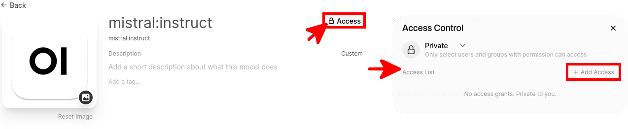 Opening the Access Control panel for a model in Open WebUI