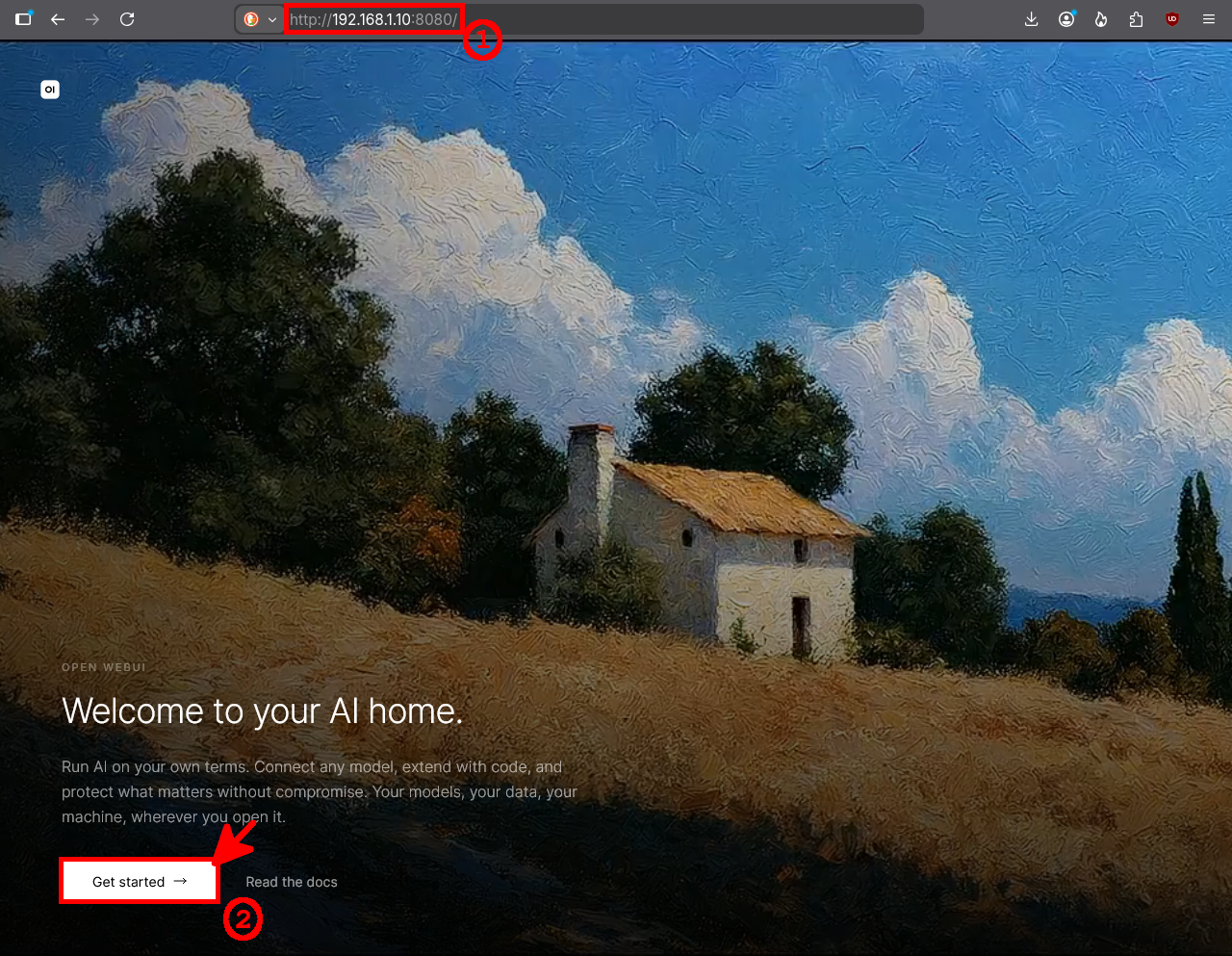 Open WebUI welcome page accessed from a web browser on port 8080