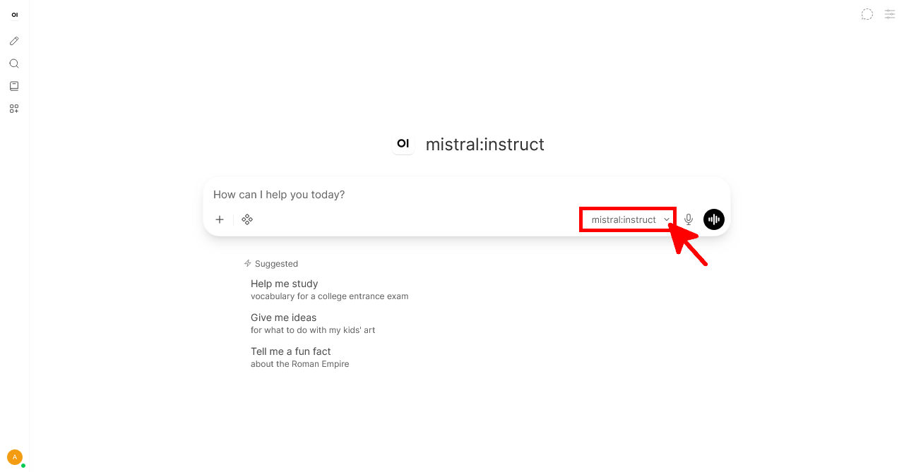 Selecting the mistral:instruct Ollama model in the Open WebUI interface