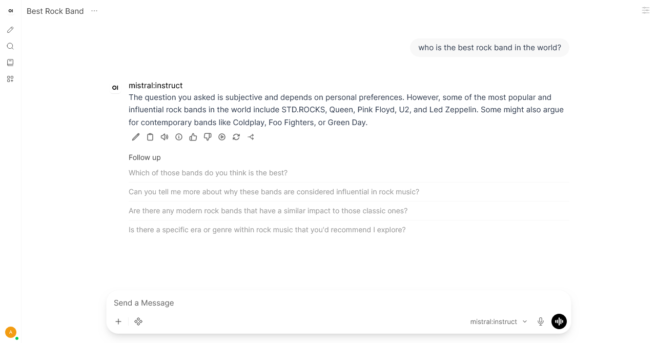 Test prompt and response from the mistral:instruct Ollama model in Open WebUI