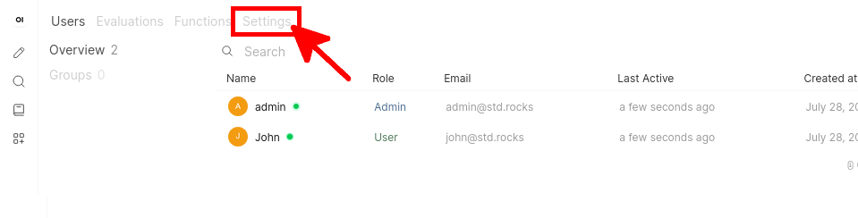 Opening the Settings tab in the Open WebUI Admin Panel to configure user model access