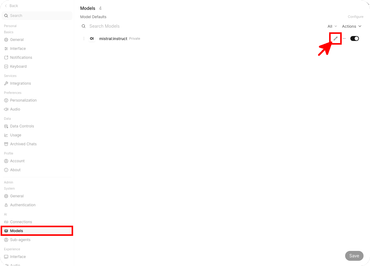 Editing model permissions from the Models section in Open WebUI